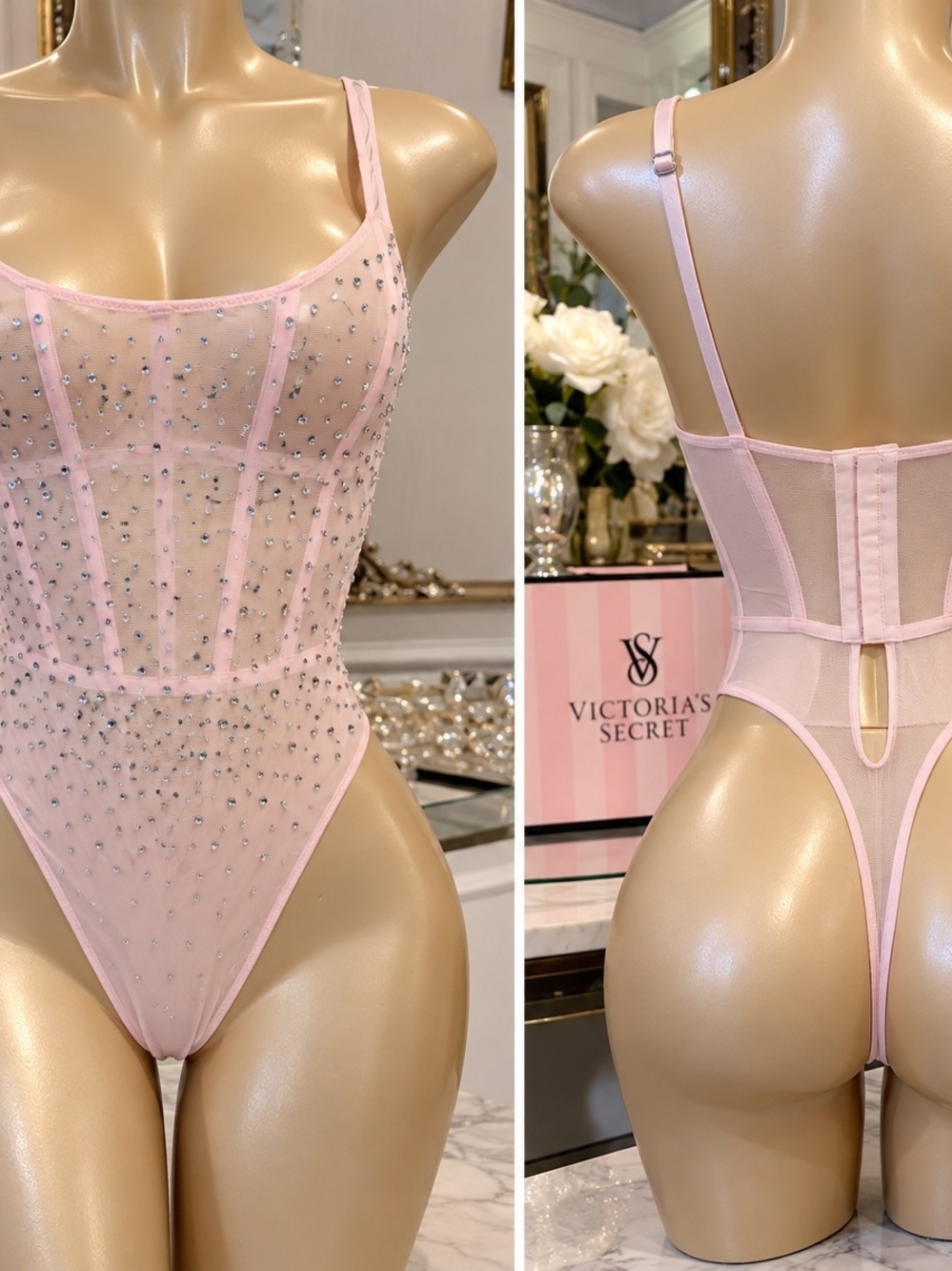 Victoria's Secret Pink Crystal Embellished Sheer Bodysuit